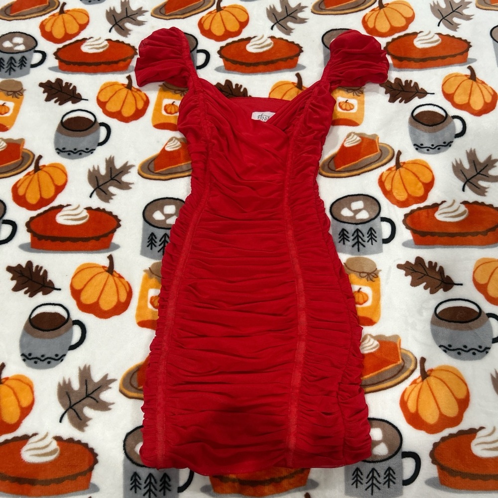 Oh Polly Red Ruched Mini Dress with Puff Sleeves